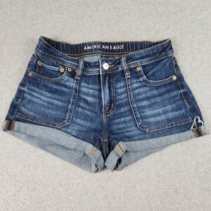 American Eagle Denim Shorts Womens 0 Blue Whiskering Easy Shortie Stretch Cuffed